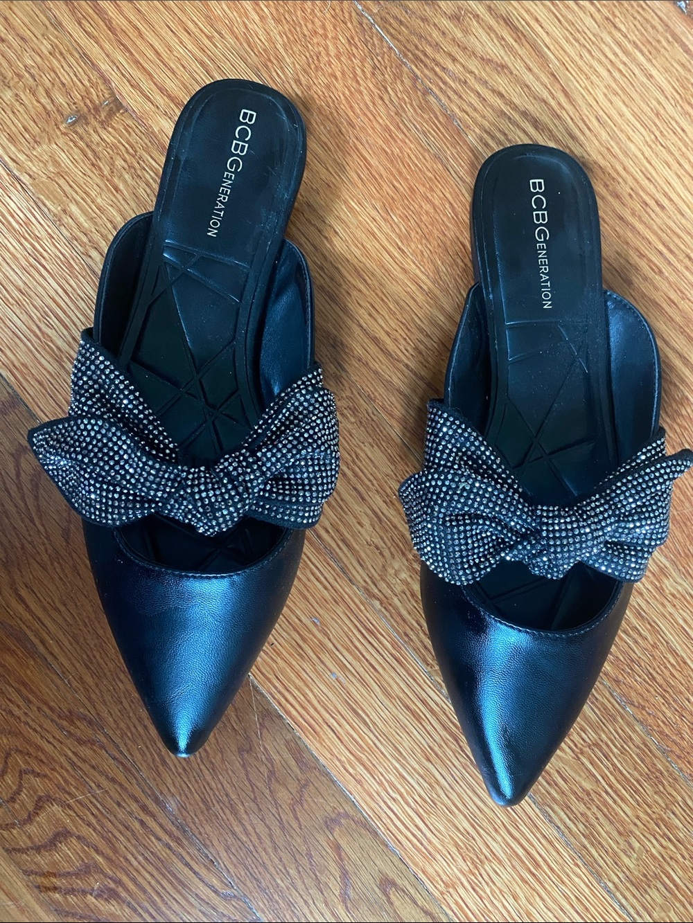 BCBGeneration Black Pointed Slip-On Mules with Rhinestone Bow